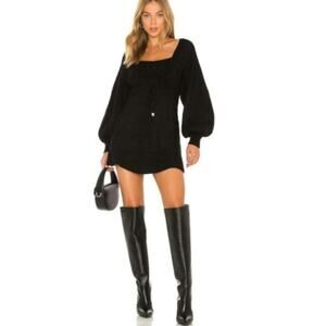 Free People Emmaline Mini Sweater Dress Black XS Cable Knit Balloon Sleeve Fall
